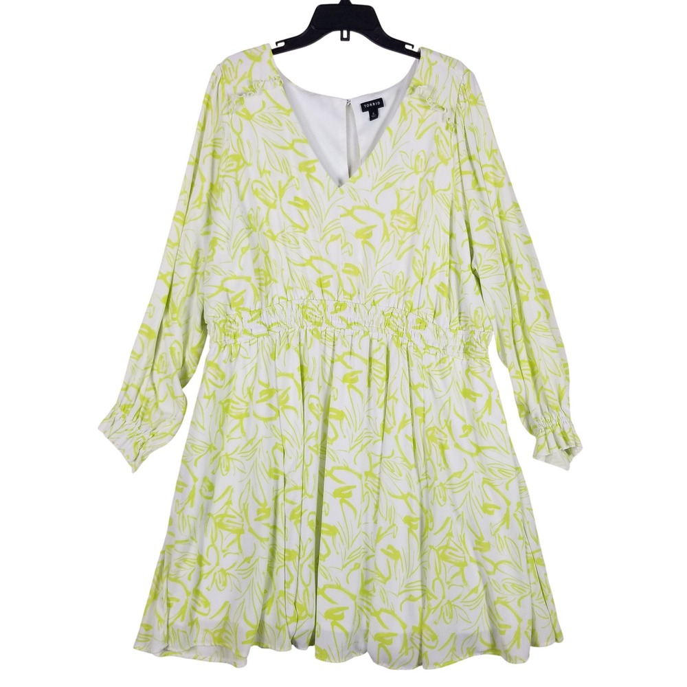 Torrid Mini Dress Women 4X Lime Green White Floral Smocked Waist Long Sleeve